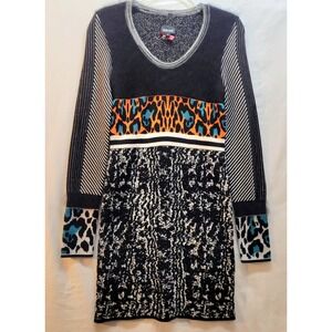 Just Cavalli Mixed Print Wool Angora Knit Mini Dress Leopard Stripe Black Small
